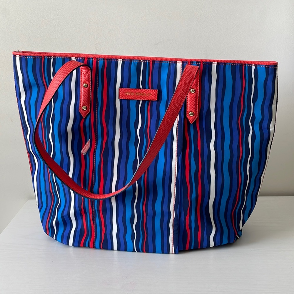 Vera Bradley Bag Preppy Poly Satchel Coral Stripe Polyester Faux Leather Trim